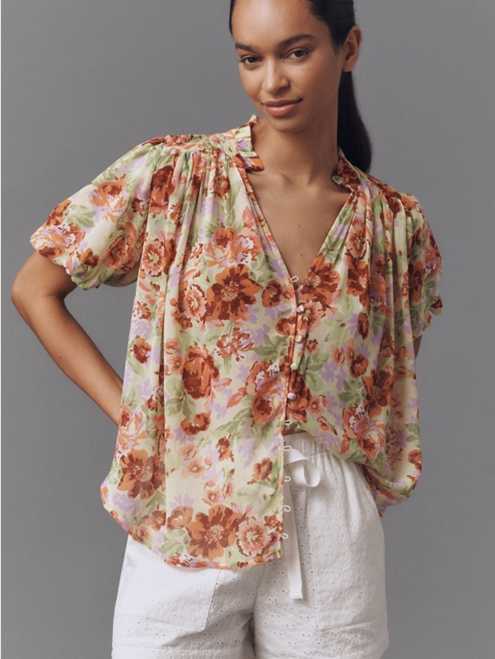 Anthropologie Floral Button-Up Blouse in Rust, Sage & Cream